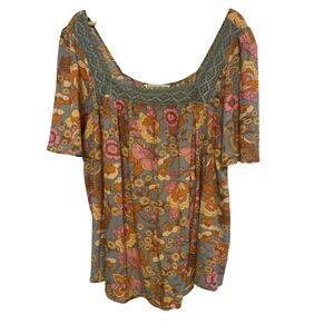 Rusttdustty Tunic Floral Lace Top XL Prairie Cottagecore Short Sleeve